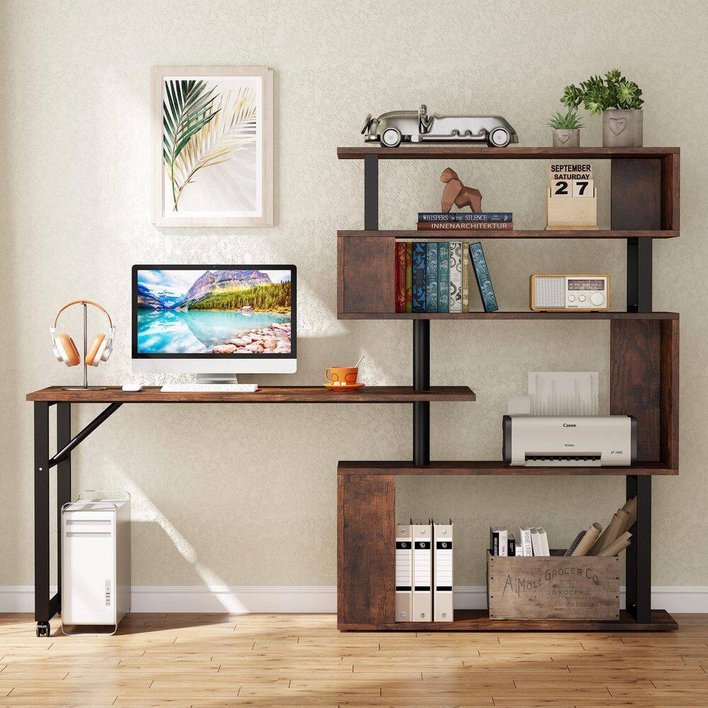 TRIBESIGNS WAY TO ORIGIN Halsey 47 in. W Reversible L-Shaped Brown Wood Corner Computer Desk Writing Studying Reading Desk 5-Tier Storage Shelves