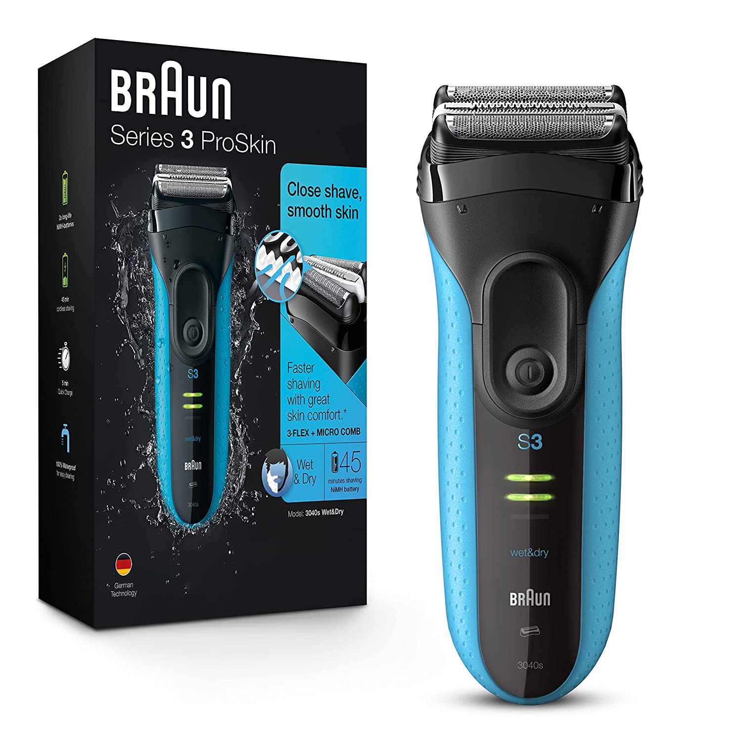Braun Electric Series 3 Razor with Precision Trimmer. Rechargeable. Wet & Dry Foil Shaver for Men. Blue/Black. 4 Piece