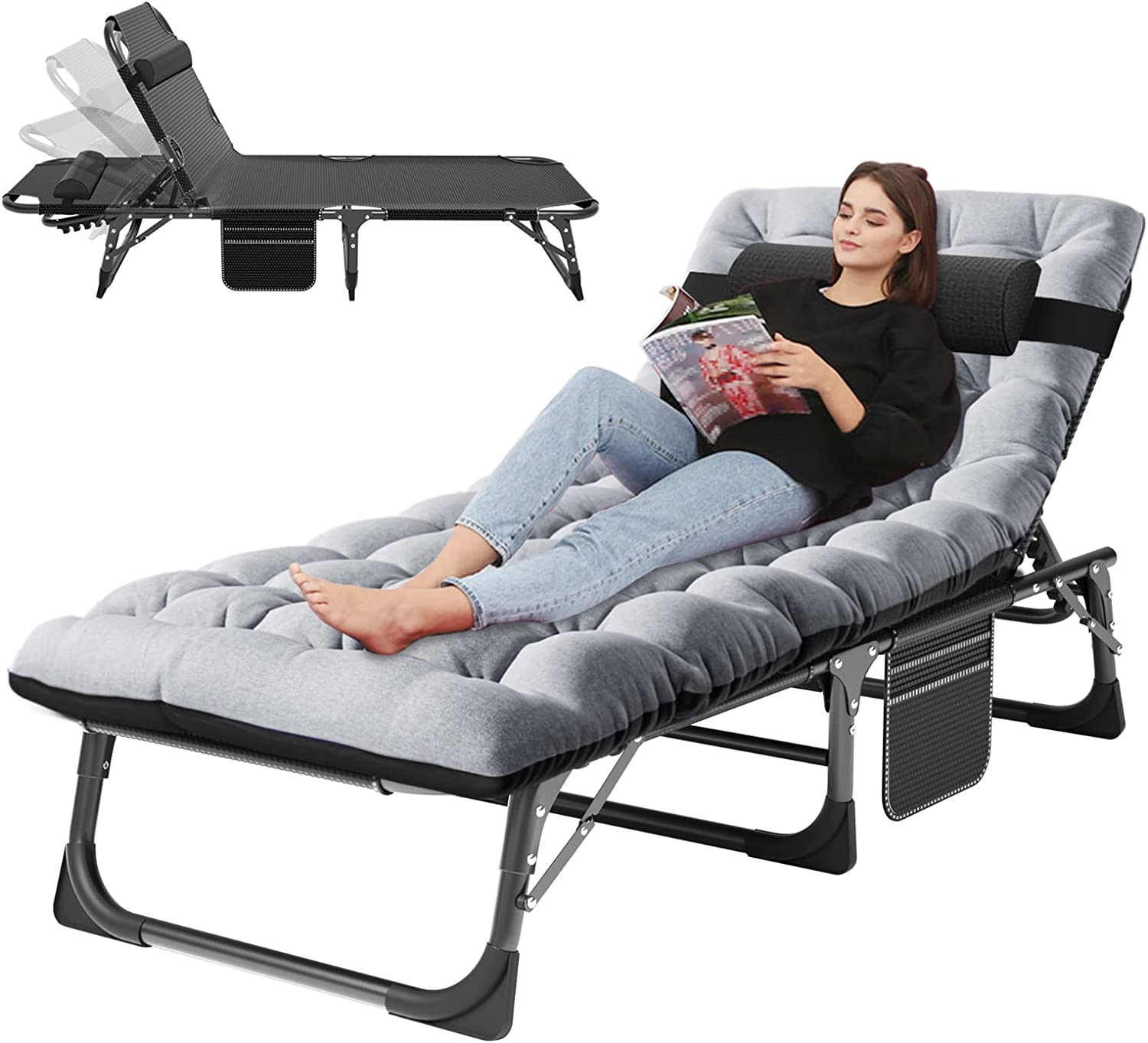 ABORON Portable Folding Camping Cot with 2 Sided Mattress & Pillow. Adjustable 4-Position Adults Reclining Folding Chaise. Folding Guest Bed