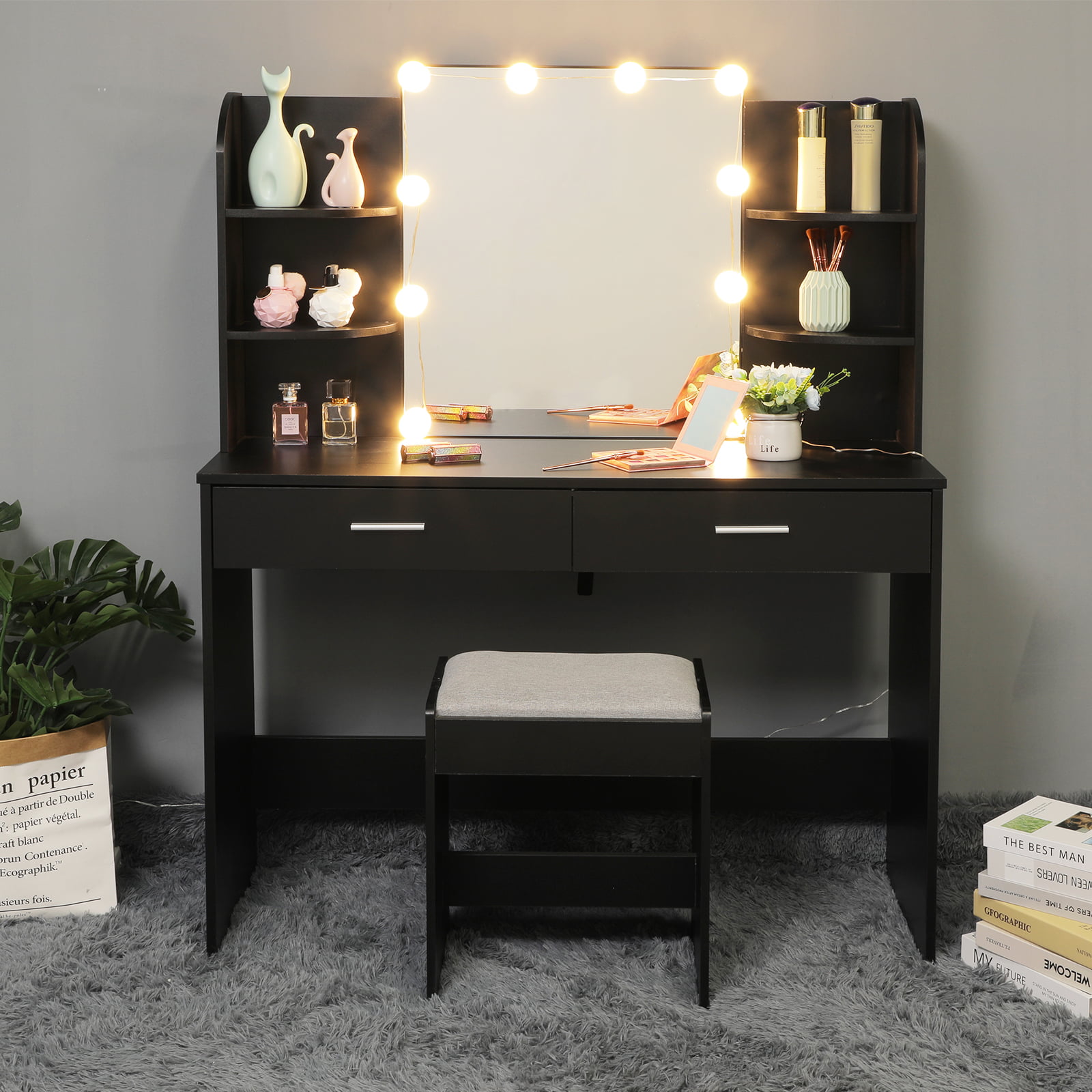 USIKEY Large Vanity Set with Stool and 10 Lights. Black