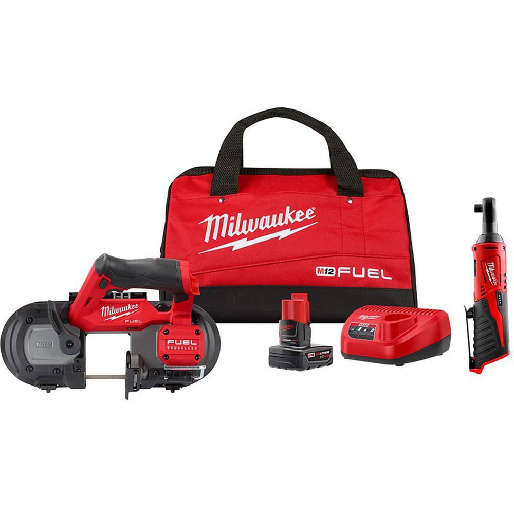 Milwaukee 2529-21XC-2457-20 M12 FUEL 12V Lithium-Ion Cordless Compact Band Saw XC Kit with 3/8 in. Ratchet
