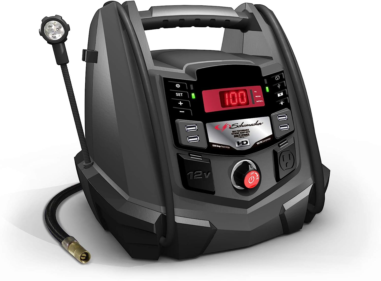 Schumacher SJ1289 Rechargeable AGM Jump Starter and Portable USB/DC Power Station - 1200 Amp - with Air Compressor and LED flex light