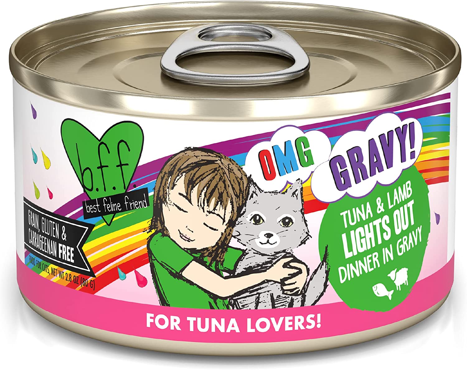 Weruva Wet Cat Food B.F.F. OMG - Best Feline Friend Oh My Gravy!. Tuna & Lamb Lights Out with Tuna & Lamb. 2.8oz Can (Pack of 12)