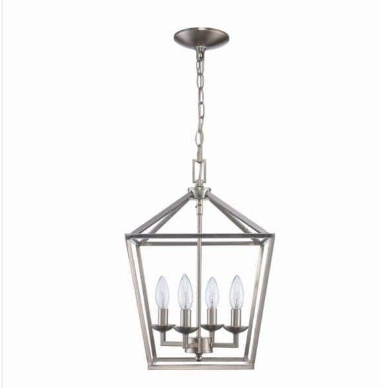 Home Decorators Collection Weyburn 4-Light Brushed Nickel Caged Farmhouse Chandelier for Dining Room. Lantern Kitchen Light