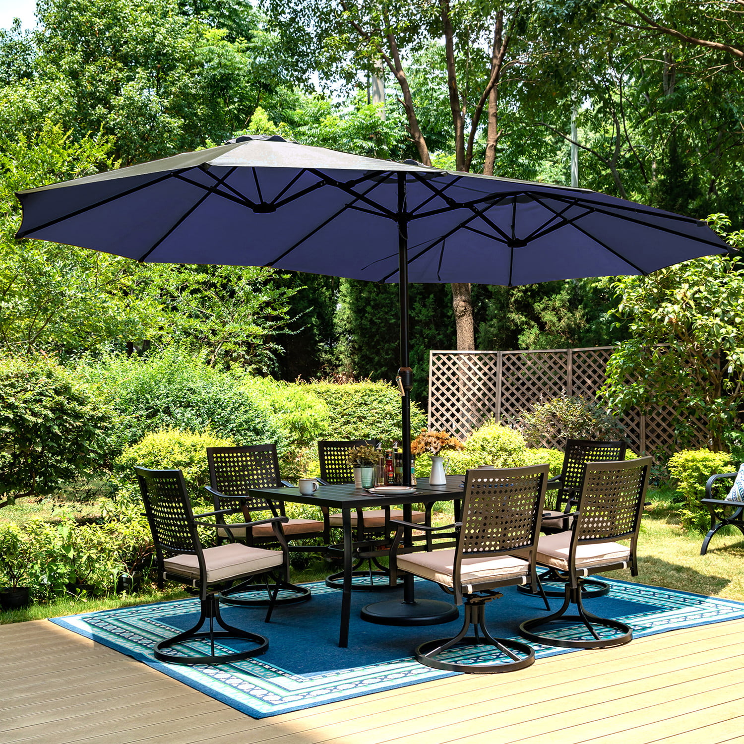 MF Studio 15ft Double-Sided Patio Umbrella with Base Large Outdoor Table Umbrella. Navy Blue