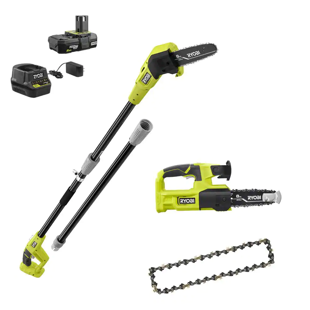 RYOBI P20310-AC ONE+ 18V 8 in. Cordless Battery Pole Saw and 8 in. Pruning Saw Combo Kit with Extra Chain. 2.0 Ah Battery. and Charger