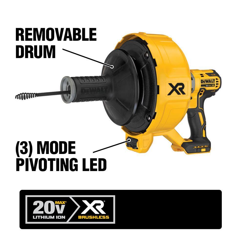 DEWALT DCD200B 20V MAX Cordless Brushless Drain Snake and 5/16 in. x 25 ft. Black Oxide Drain Cable with Bulb Head