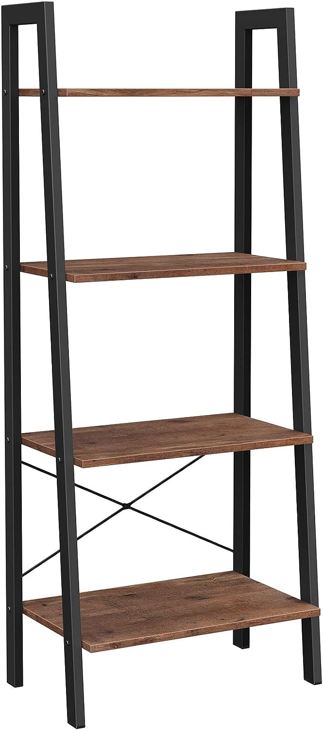 VASAGLE Ladder Shelf. 4-Tier Bookshelf. Storage Rack. Bookcase with Steel Frame. for Living Room. Home Office. Kitchen. Bedroom. Industrial Style. Hazelnut Brown and Black ULLS044B03