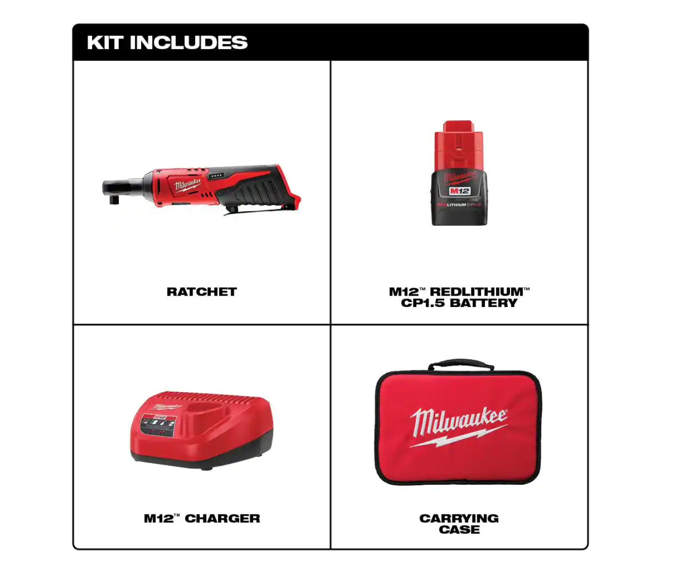 Milwaukee 2457-21 M12 12-Volt Lithium-Ion Cordless 3/8 in. Ratchet Kit with One 1.5 Ah Battery. Charger and Tool Bag