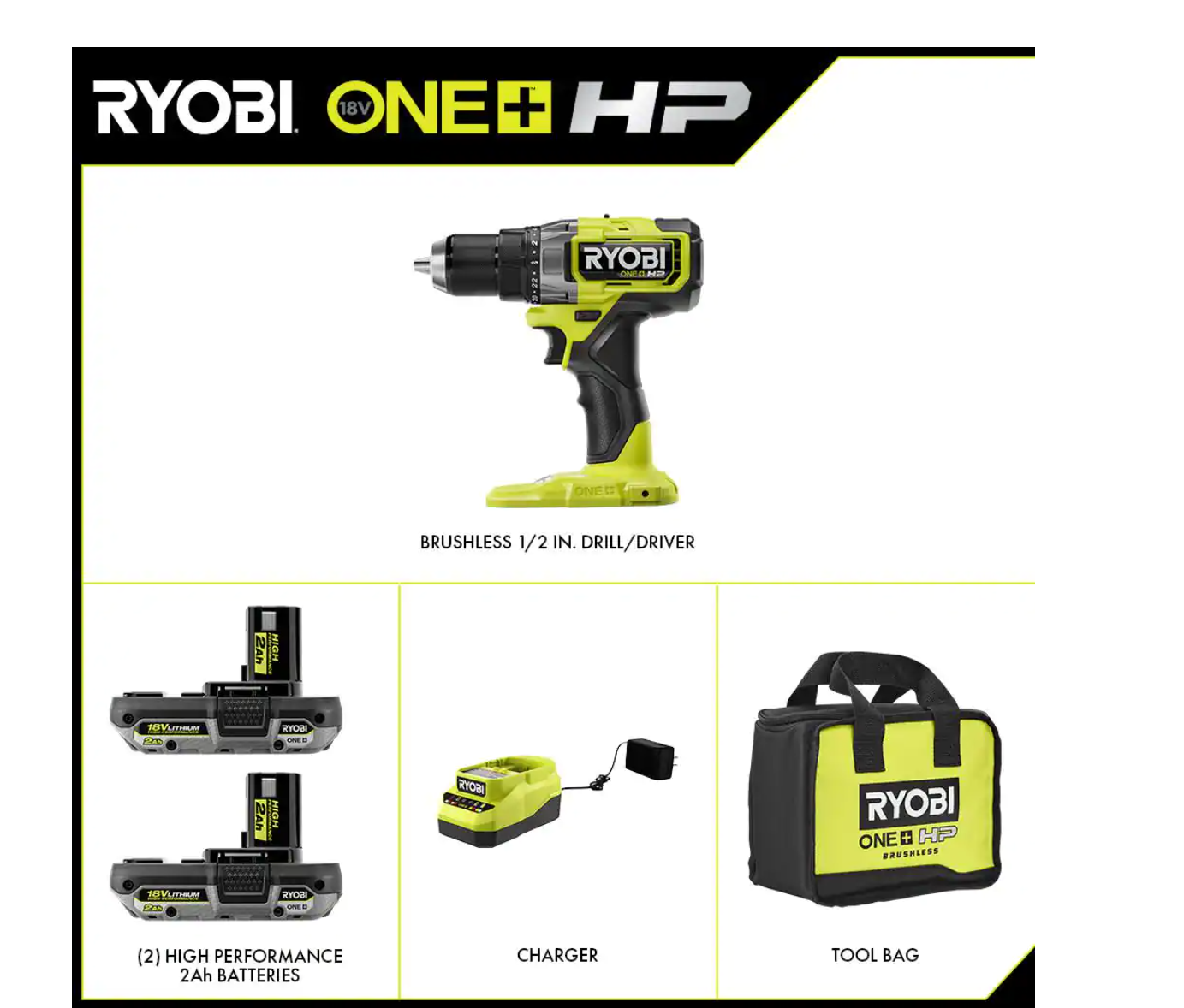 RYOBI PBLDD01K ONE+ HP 18V Brushless Cordless 1/2 in. Drill/Driver Kit with (2) 2.0 Ah HIGH PERFORMANCE Batteries. Charger. and Bag