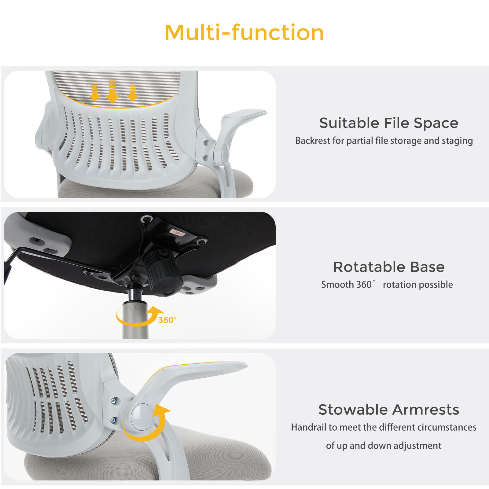 Desk Chair. Ergonomic Home Office Chair with Flip-Up Armrests. Rolling Chair with Lumbar Support. Executive Height Adjustable Swivel Task Chair. Grey