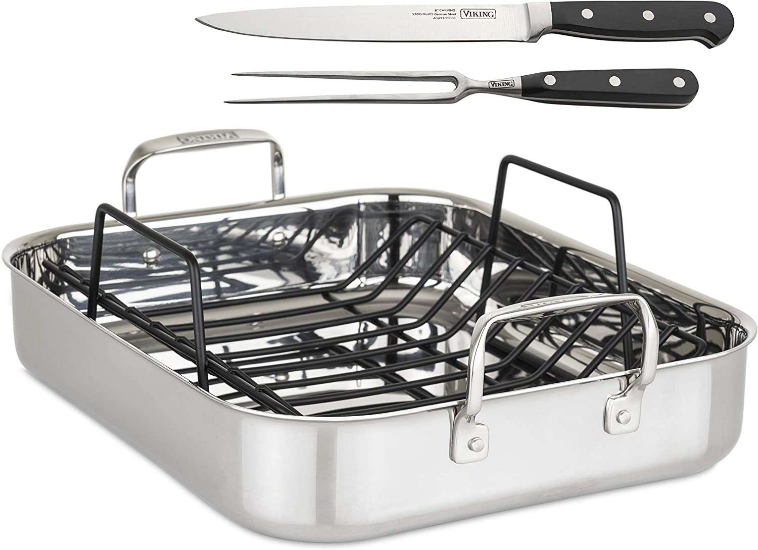 Viking 3-Ply Clad Stainless Steel Roaster with Rack and 2-Piece Carving Set