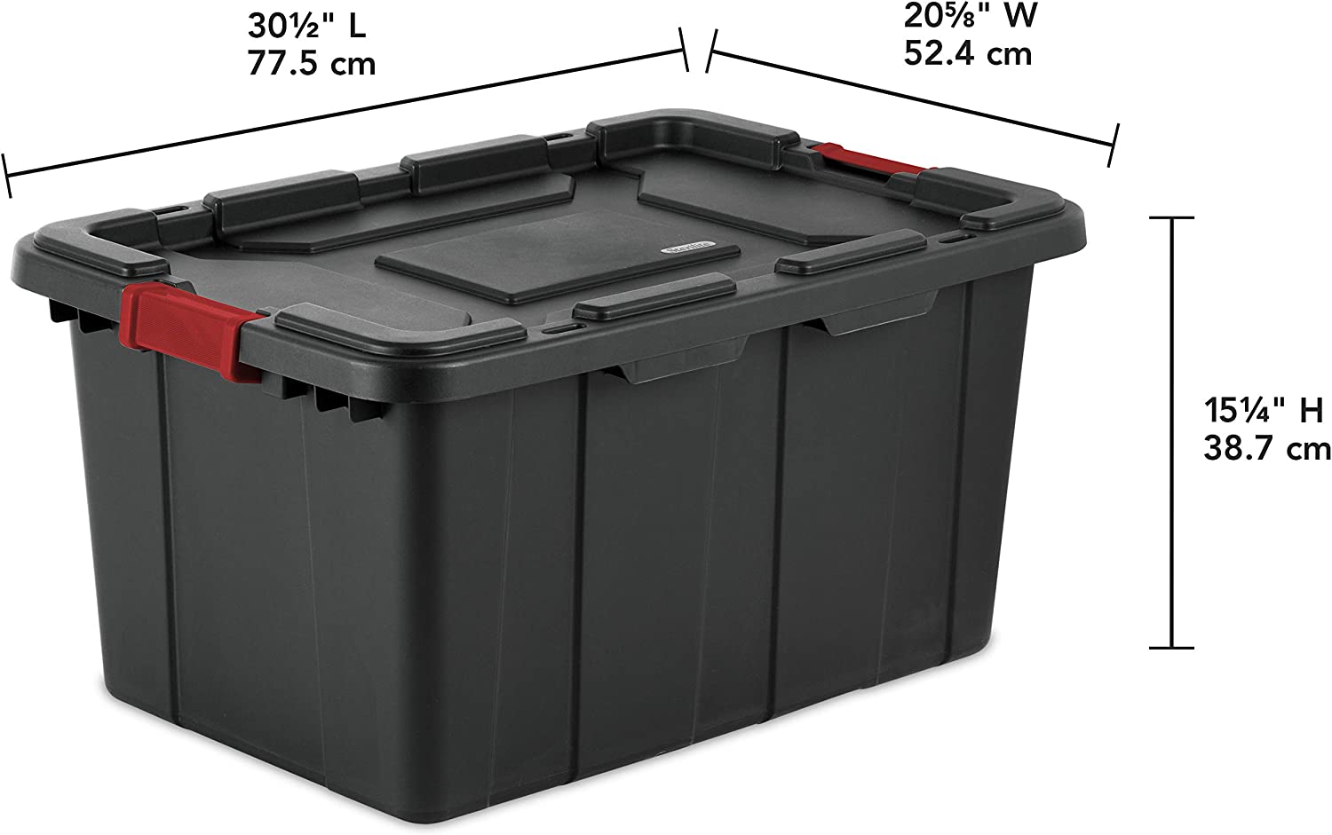 Sterilite 14669004 27 Gallon/102 Liter Industrial Tote. Black Lid & Base w/ Racer Red Latches. 4-Pack
