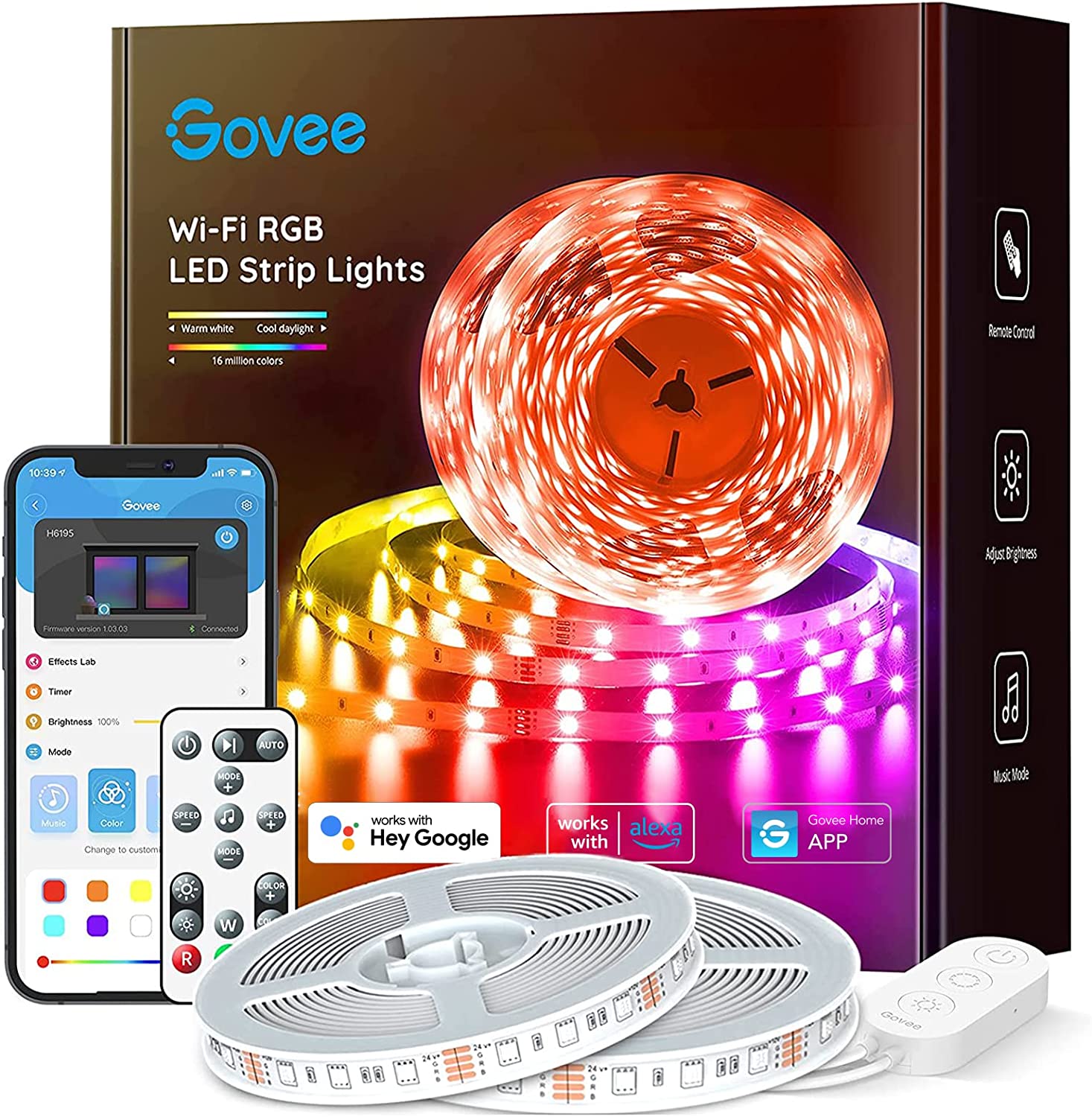 Govee 65.6ft Alexa LED Strip Lights. Smart WiFi RGB Rope Light Works with Alexa Google Assistant. Remote App Control Lighting Kit. Music Sync Color Changing Lights for Bedroom. Living Room. Kitchen