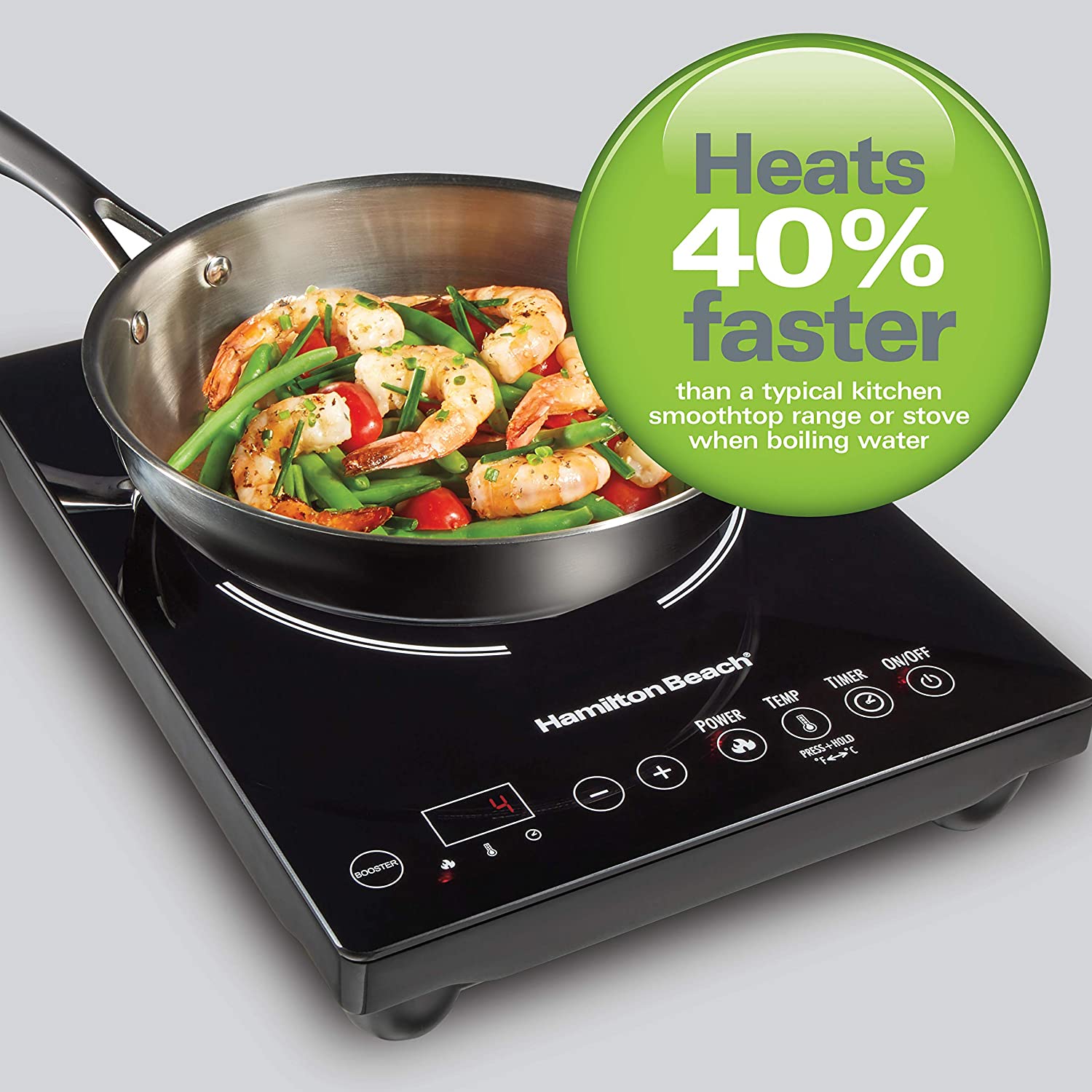 Hamilton Beach Portable Single Induction Cooktop Countertop Burner Hot Plate with Fast Heating Mode. 1800 Watts. 10 Temperature Settings up to 450F. Black (34104)