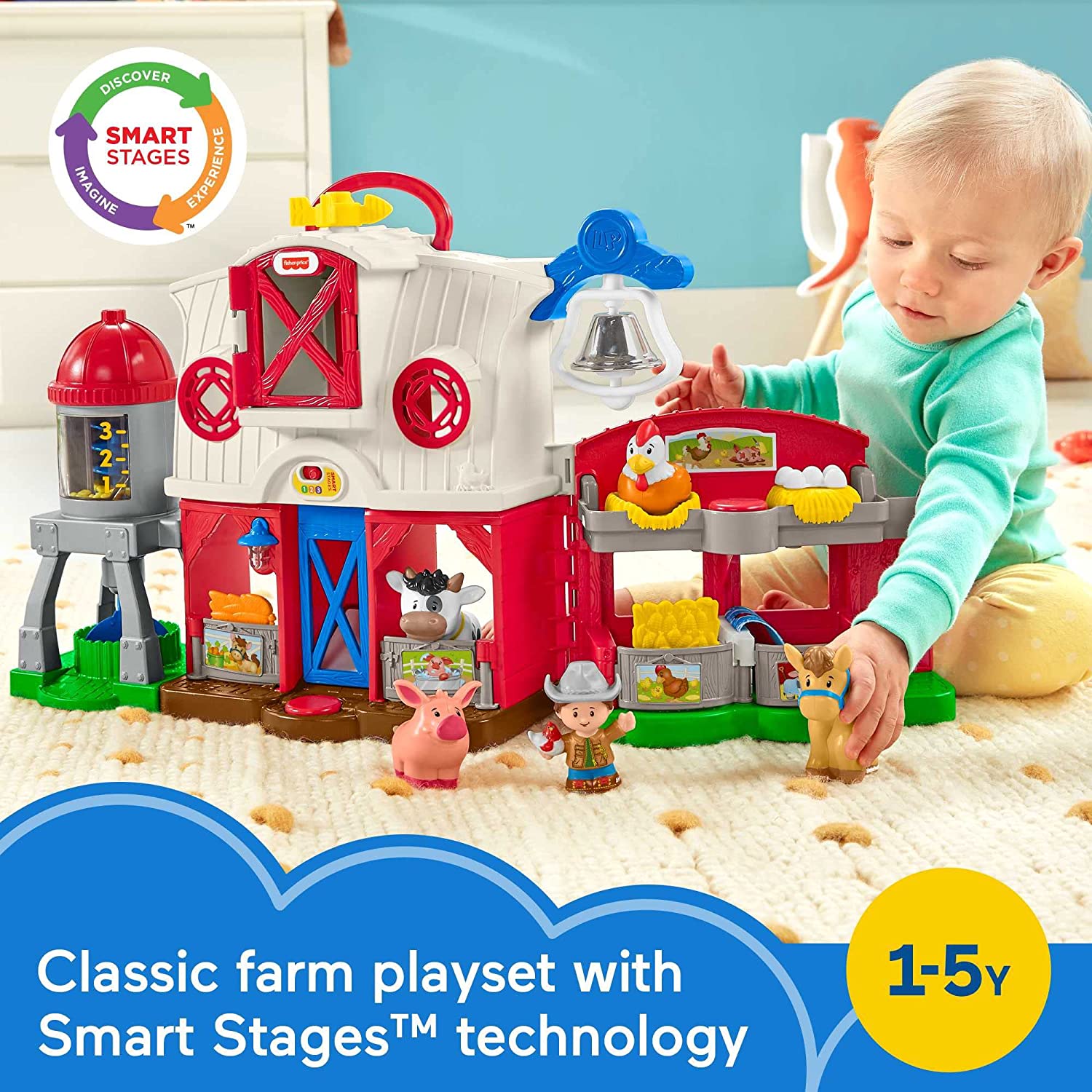 Fisher-Price Little People Caring for Animals Farm Playset with Smart Stages Learning Content for Toddlers and Preschool Kids