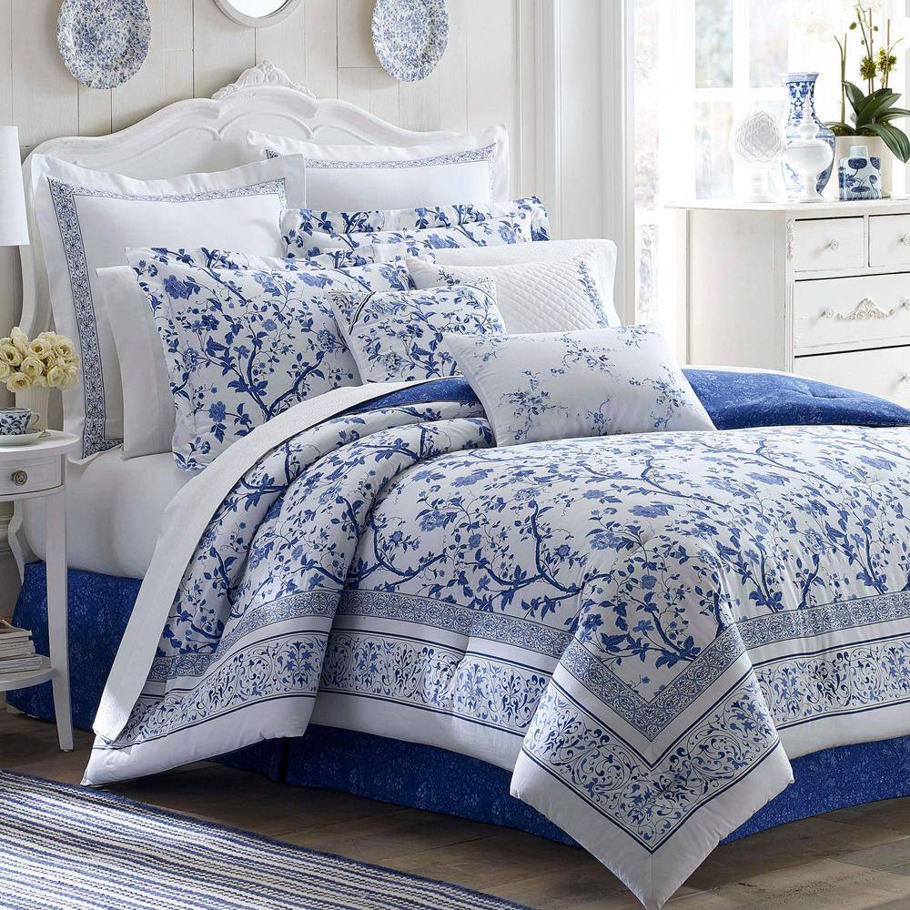 Laura Ashley  Charlotte 4-Piece Blue Floral Cotton Queen Comforter Set
