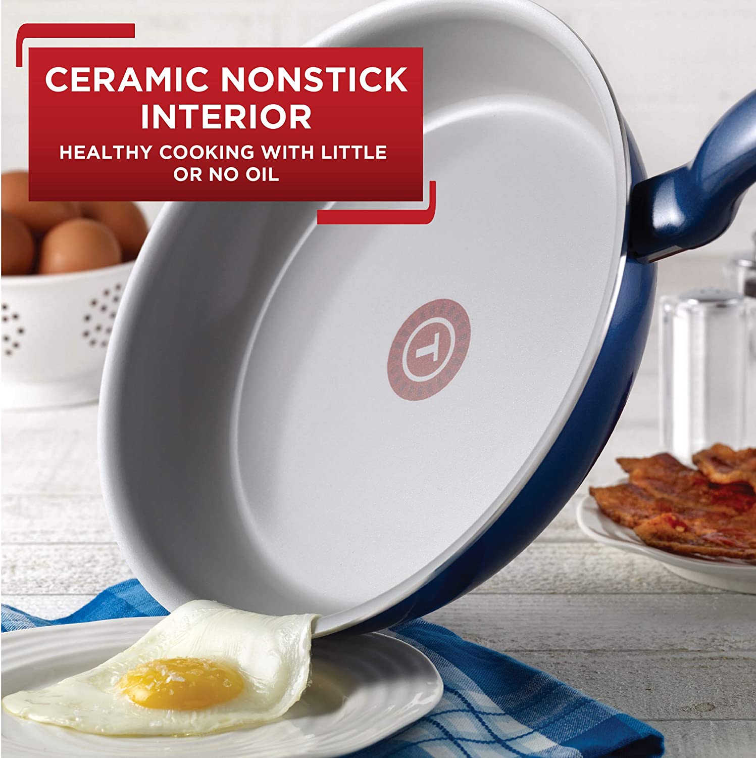 T-fal G918SE64 Initiatives Ceramic Thermo-Spot Heat Indicator Dishwasher Oven Safe Toxic Free Cookware Set. 14-Piece. Blue