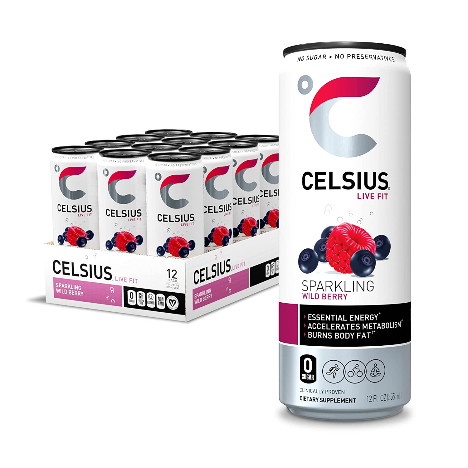 CELSIUS Essential Energy Drink 12 Fl Oz. Zero Sugar. Sparkling Wild Berry (Pack of 12)