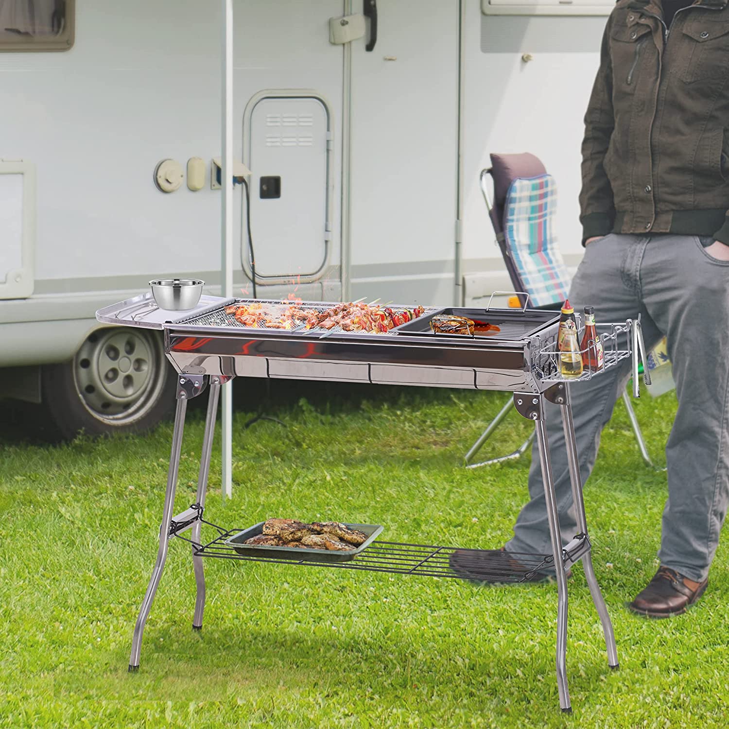 Outsunny ‎846-028 Portable Folding Charcoal BBQ Grill Stainless Steel Camp Picnic Cooker with Grill Pan Storage Shelf Hooks