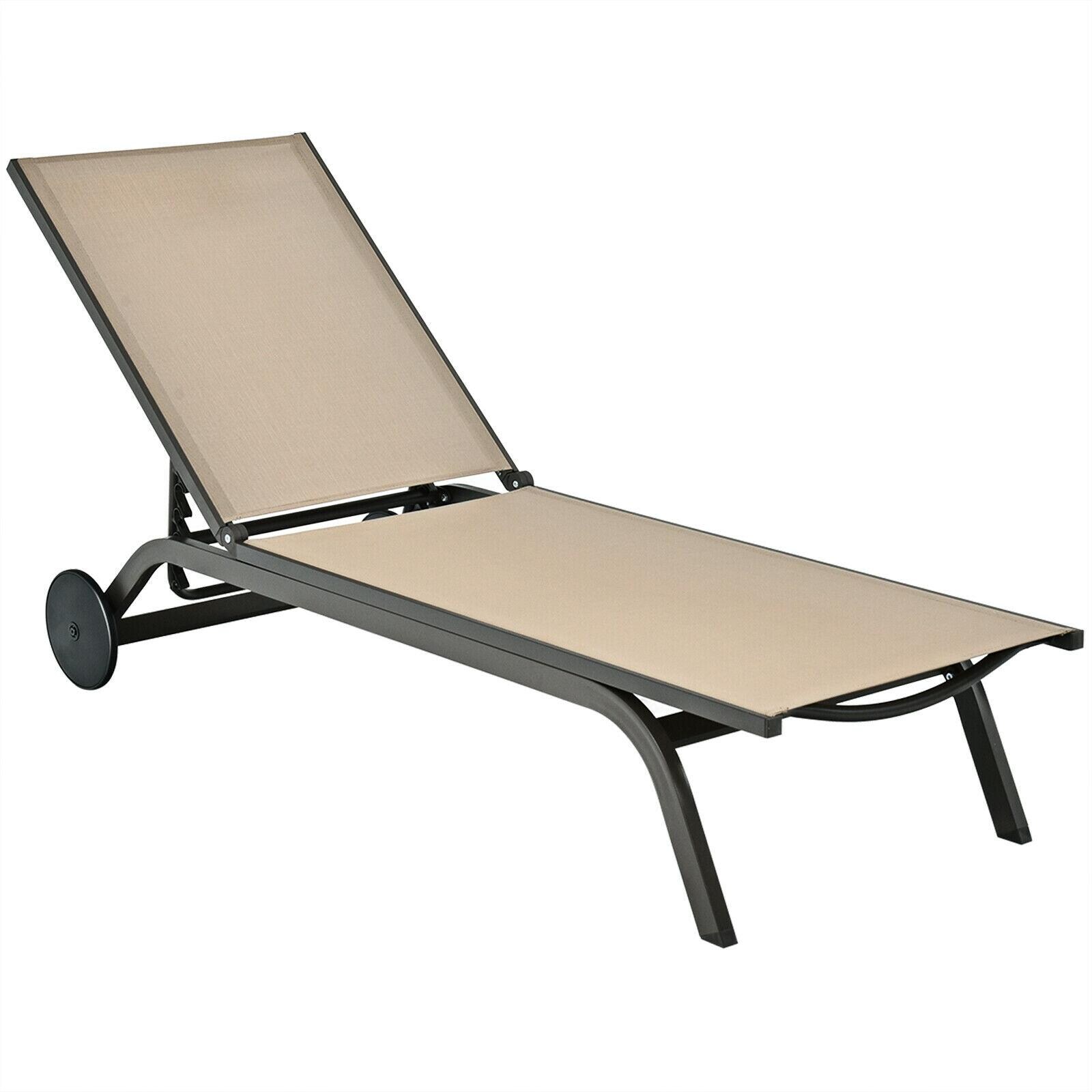 Clihome Patio Lounge Chair Aluminum Metal Frame Stationary Chaise Lounge Chair(s) with Brown Premium Fabric Sling Seat