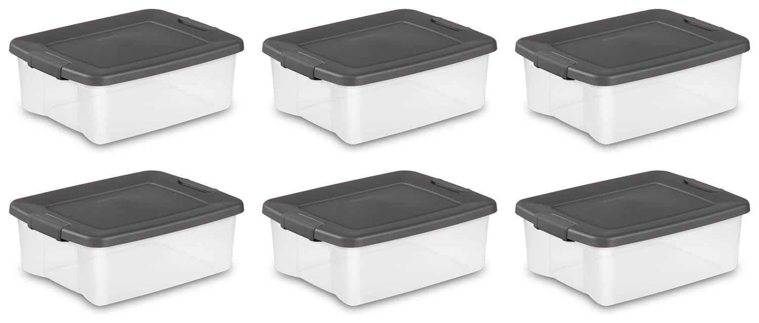 Sterilite 19363V06 6.25 Gallon Plastic Storage Boxes with Latches. Gray and Clear. 6 Count