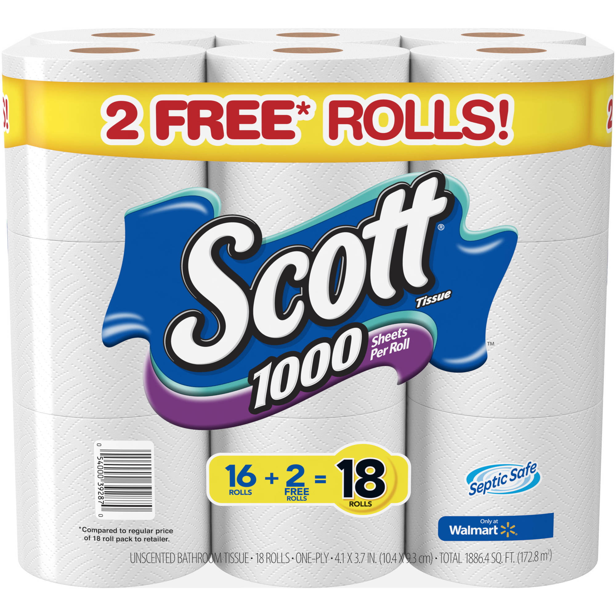 Scott Unscented Bathroom Tissue. 1000 sheets. 18 rolls