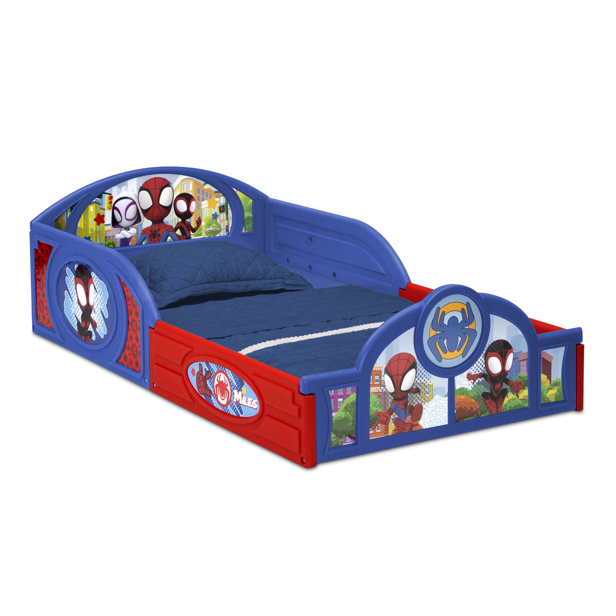 Marvel Spidey and His Amazing Friends Sleep and Play Toddler Bed with Built-In Guardrails by Delta Children. Blue