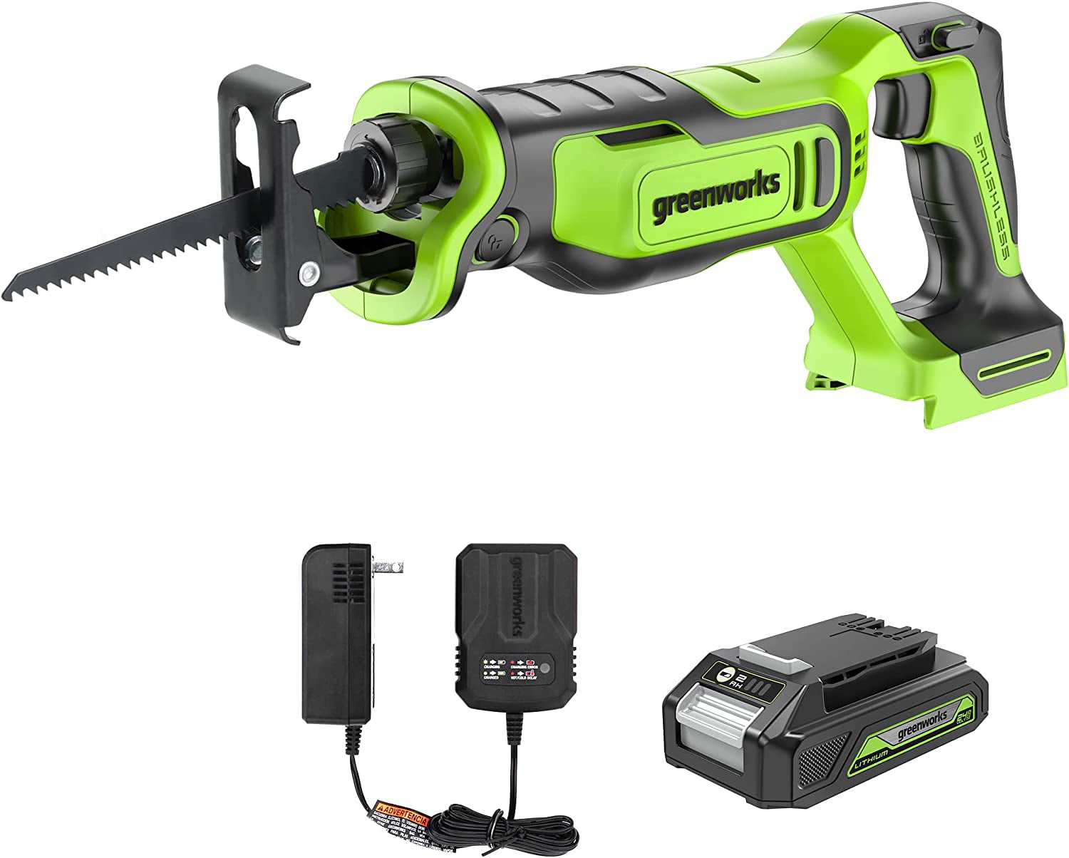 Greenworks 24V Brushless 1″ Reciprocating Saw Kit. Cordless Powered Variable Speed Saw. 2 Ah Battery and Charger