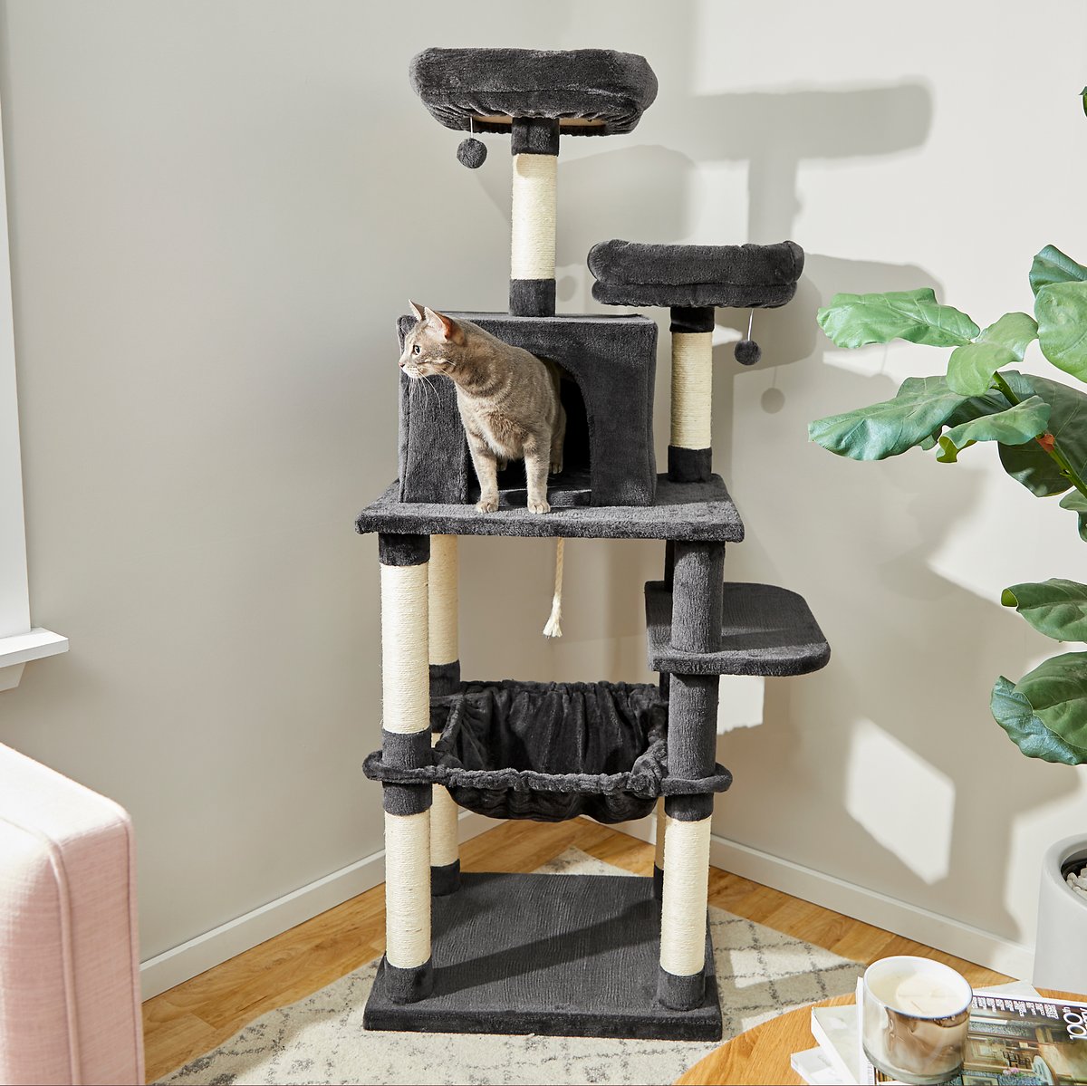 Frisco 64-in Cat Tree with Hammock. Condo. 2 Top Perches with Bed. Dark Charcoal