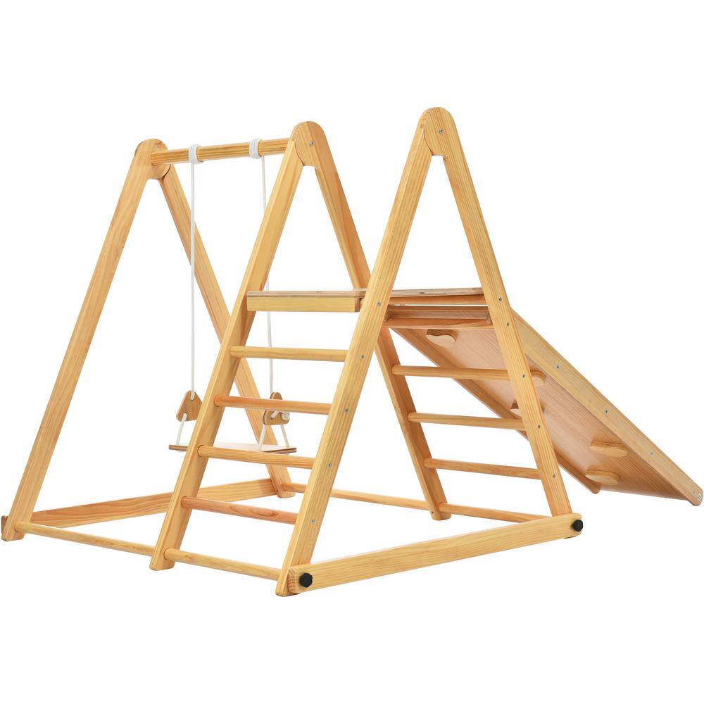 TIRAMISUBEST WFXY297446AAK 4-in-1 Natural Indoor Kids Playset with Climb Ramp. Swing and Slide