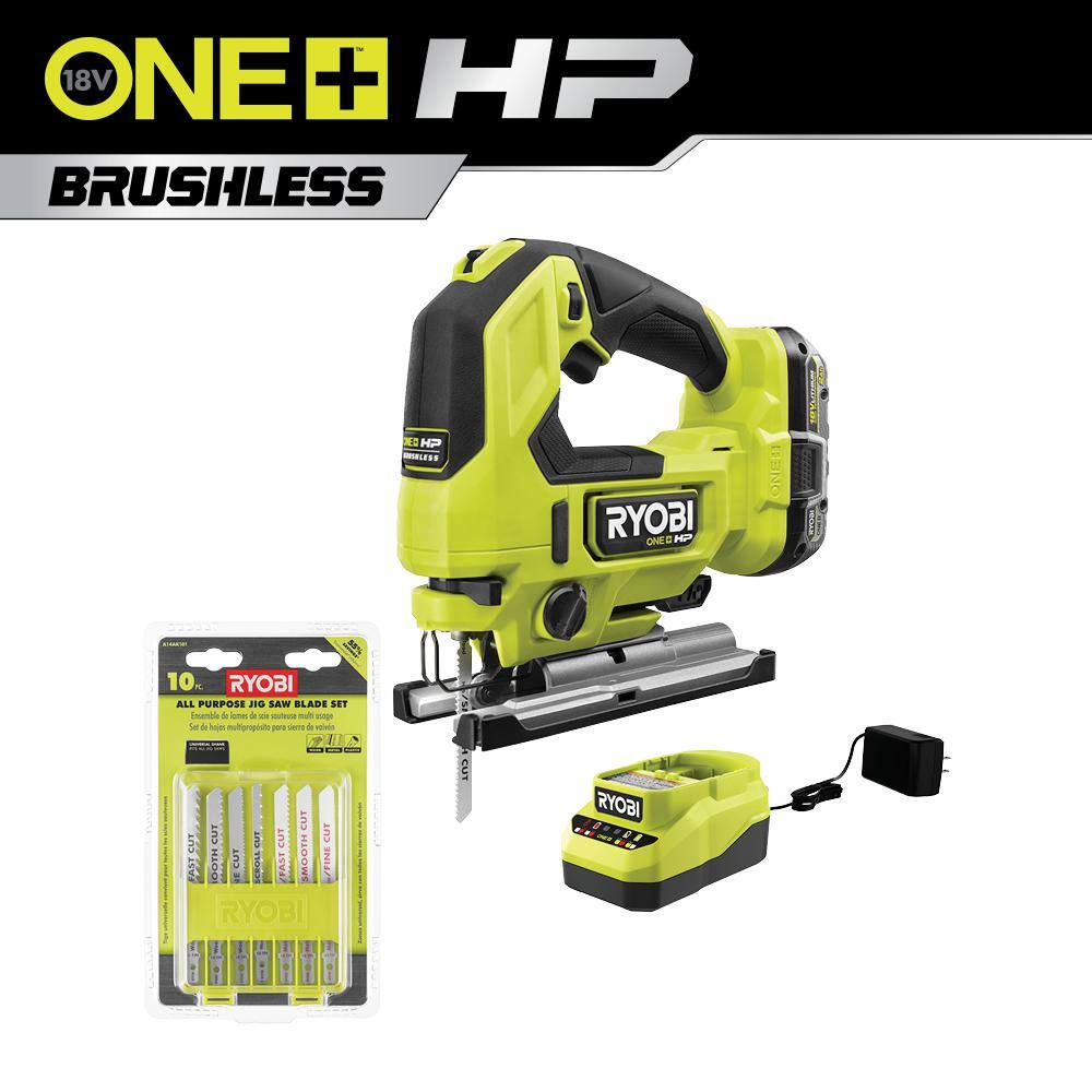 RYOBI PBLJS01K1-A14AK101 ONE+ HP 18V Brushless Cordless Jig Saw Kit w/ 2.0 Ah HIGH PERFORMANCE Battery. Charger. & (10-Piece) Jig Saw Blade Set