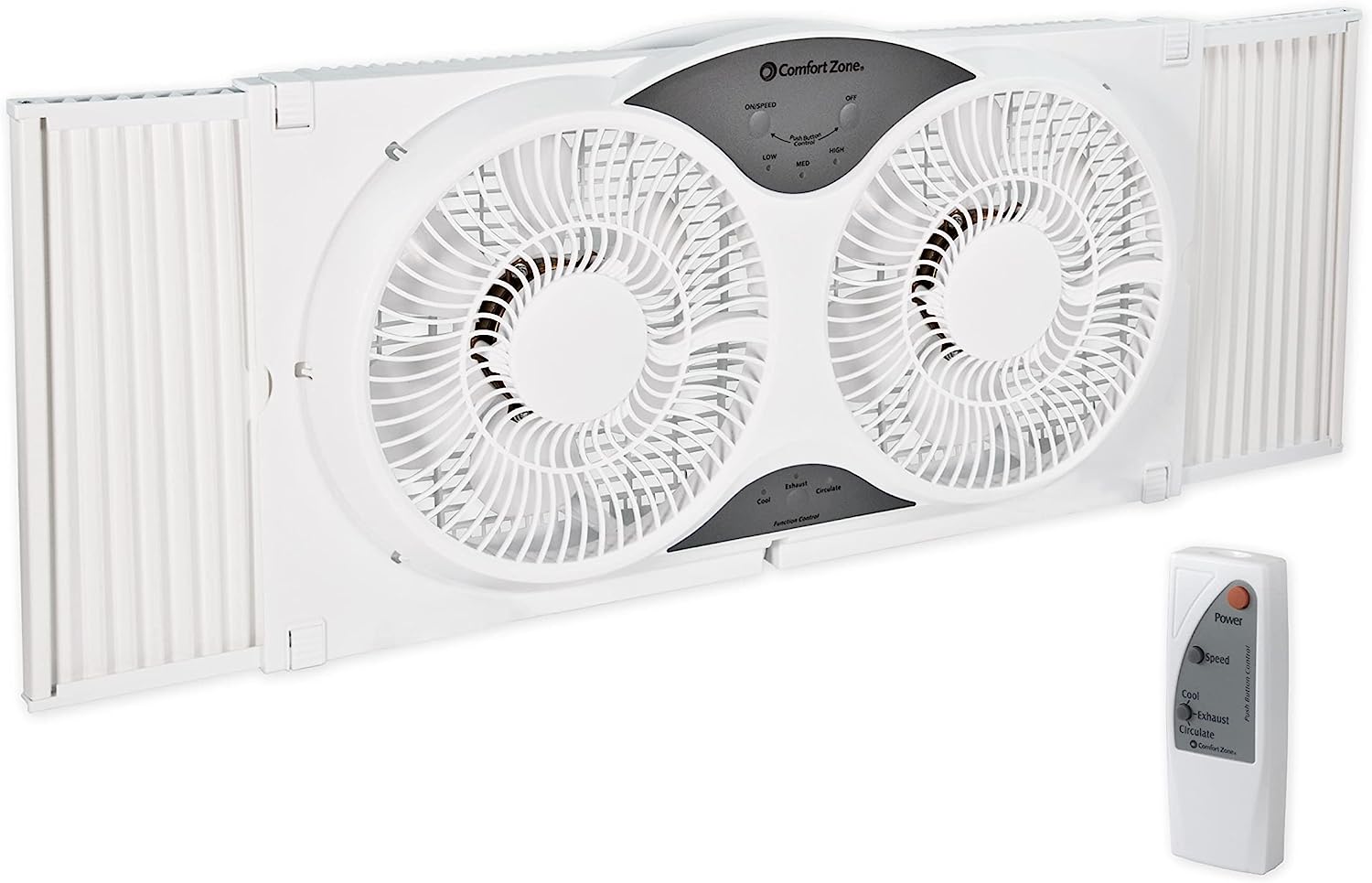 Comfort Zone CZ310R 9″ 3-Speed. 3-Function. Expandable. Reversible Twin Window Fan with Remote Control. Removable Cover