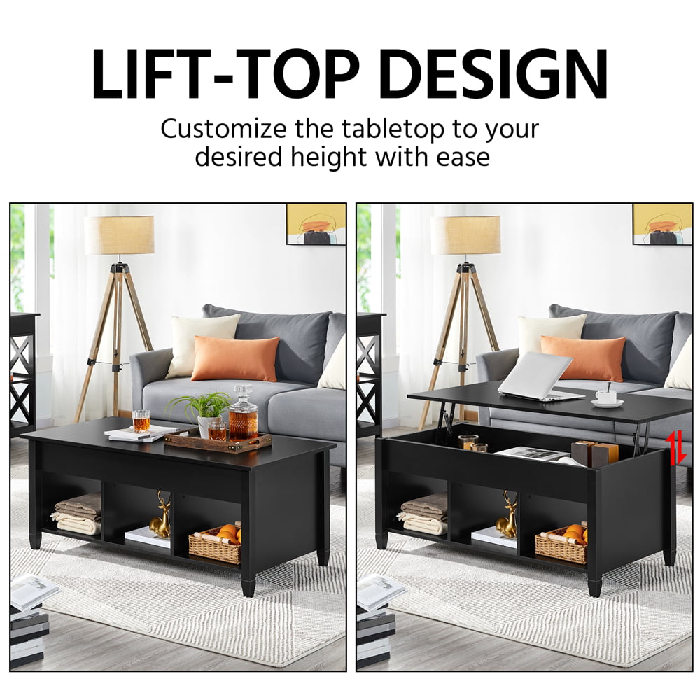 Alden Design 47.5inch Wooden Lift Top Coffee Table with 3 Storage Compartments. Black