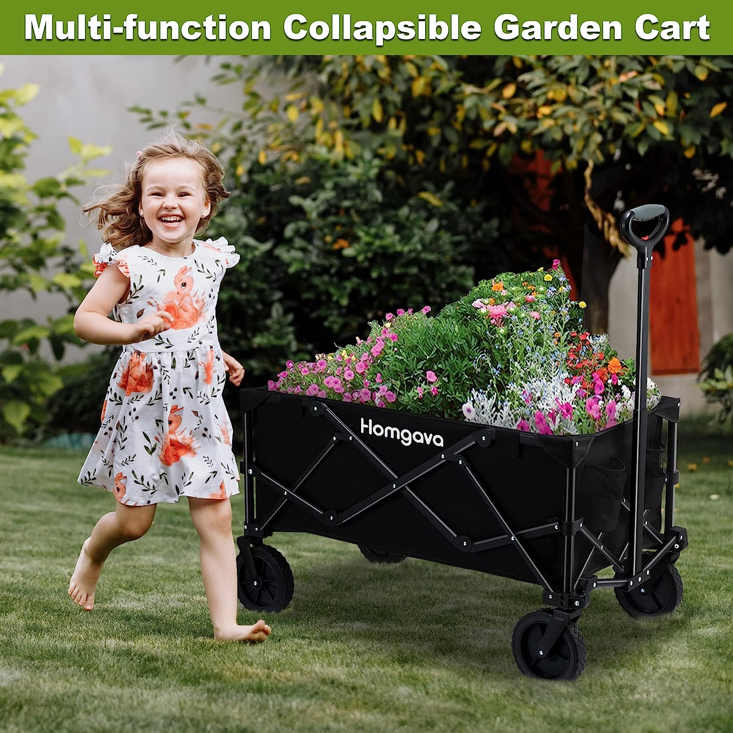 Homgava Collapsible Folding Wagon Cart.Outdoor Beach Wagon.Heavy Duty Garden Cart with All Terrain Wheels.Portable Large Capacity Utility Wagon for Camping Fishing Sports Shopping. Black