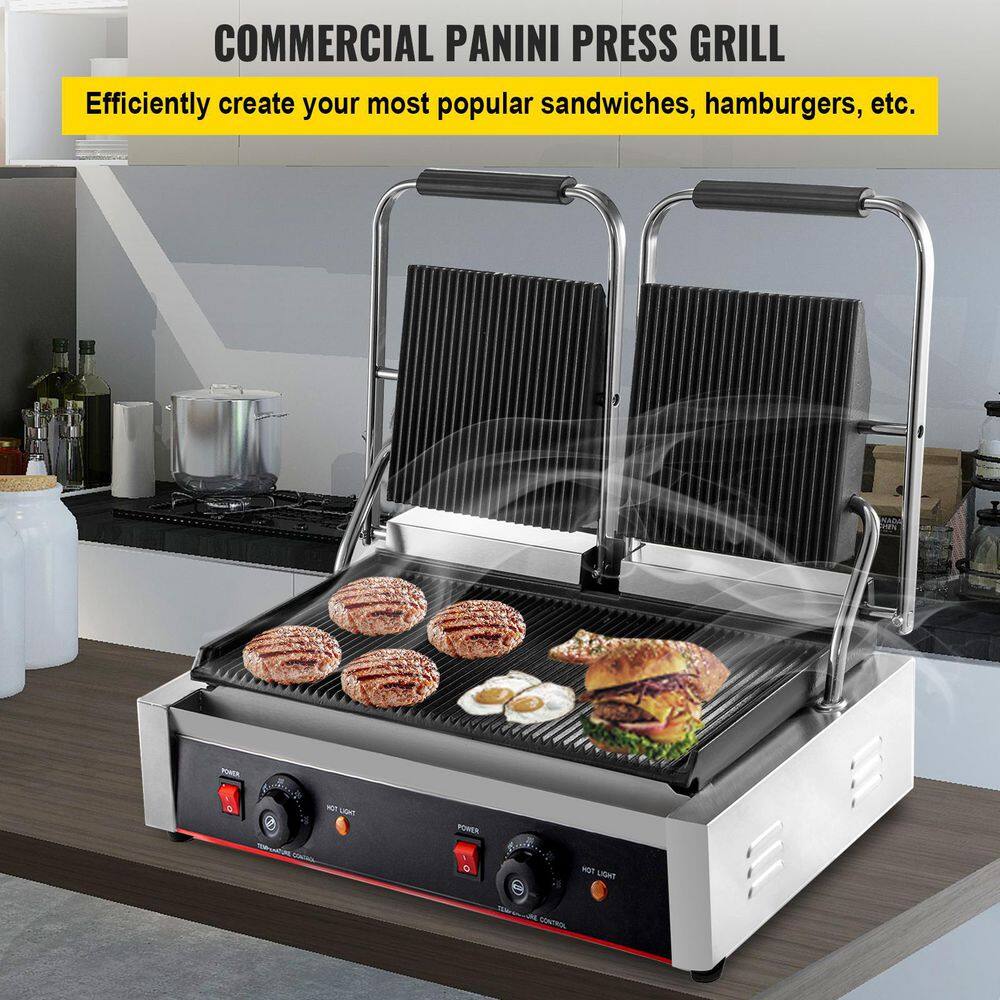 VEVOR  Commercial Sandwich Panini Press 3600-Watt Non-Stick Surface Commercial Panini Grill Double Grooved Plates. Silver