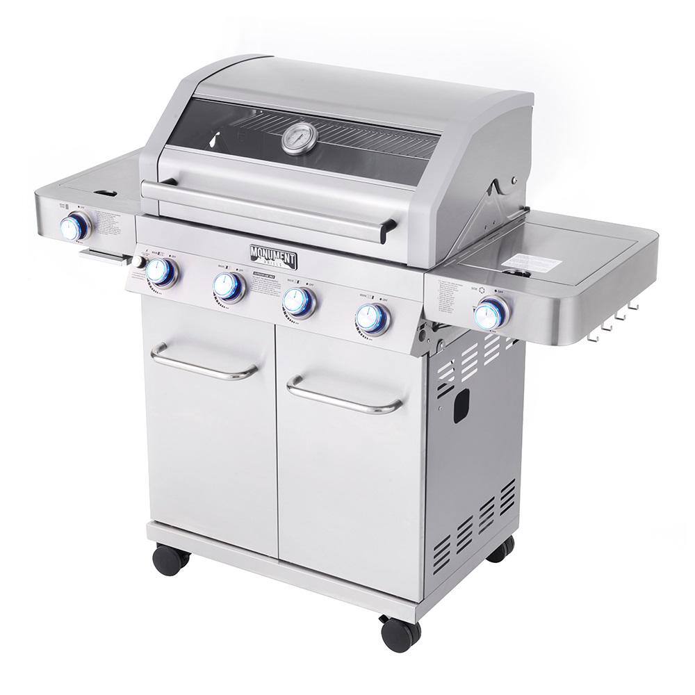 Monument Grills 35633 4-Burner Propane Gas Grill in Stainless with Clear View Lid. LED Controls. Side and Sear Burners
