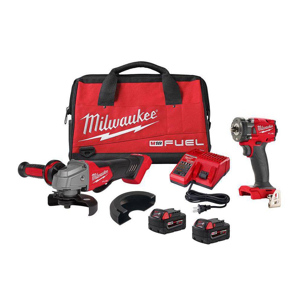 Milwaukee 2991-22 M18 FUEL 18V Lithium-Ion Brushless Cordless Grinder & 3/8 in. Impact Wrench Combo Kit (2-Tool) w/ Two 5Ah Batteries