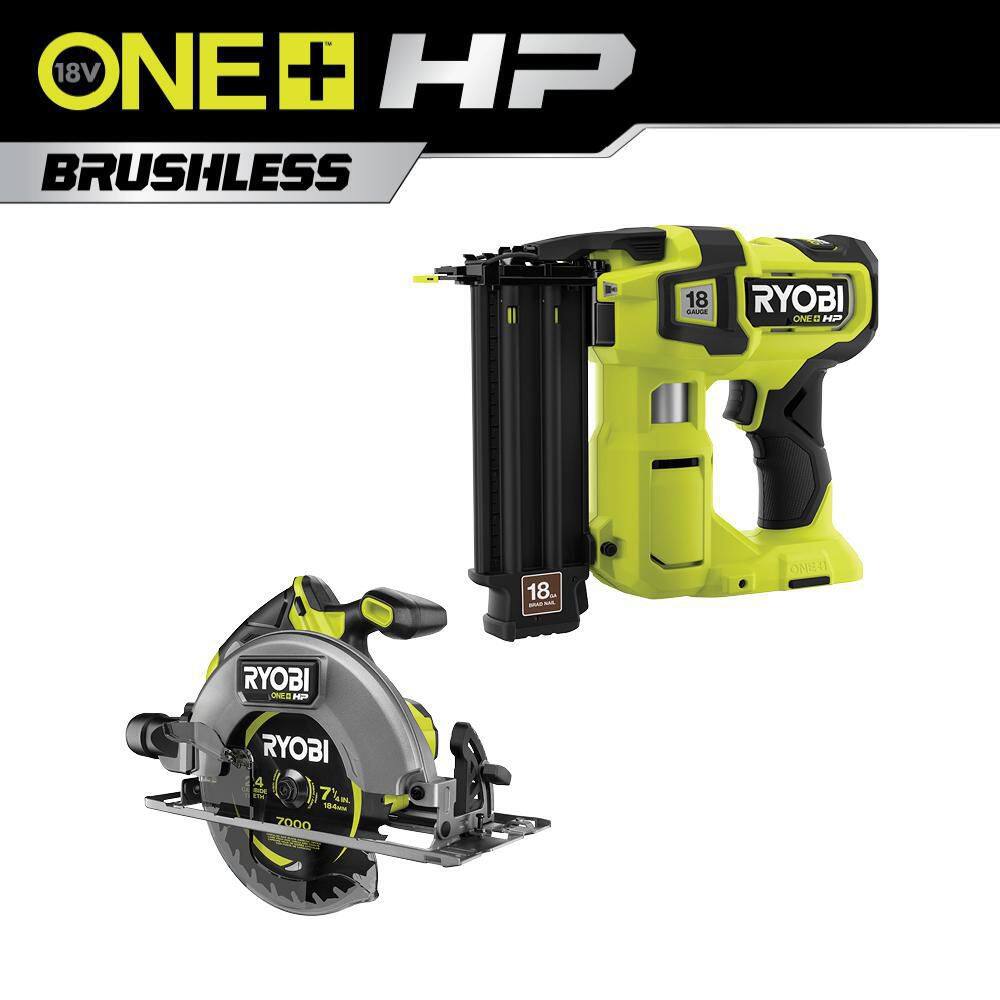 RYOBI P322-PBLCS300B ONE+ HP 18V 18-Gauge Brushless Cordless AirStrike Brad Nailer with ONE+ HP Brushless 7-1/4 in. Circular Saw (Tools Only)