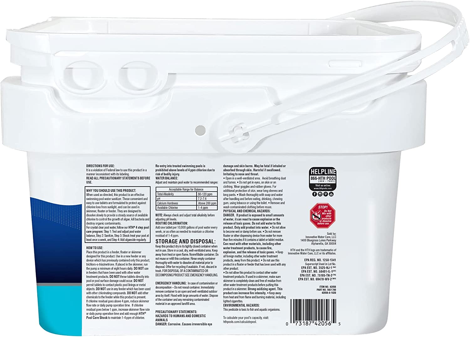 HTH 42056 Swimming Pool Care 3″ Chlorine Tabs Ultra. Swimming Pool Chlorinating Sanitizer. 8lb