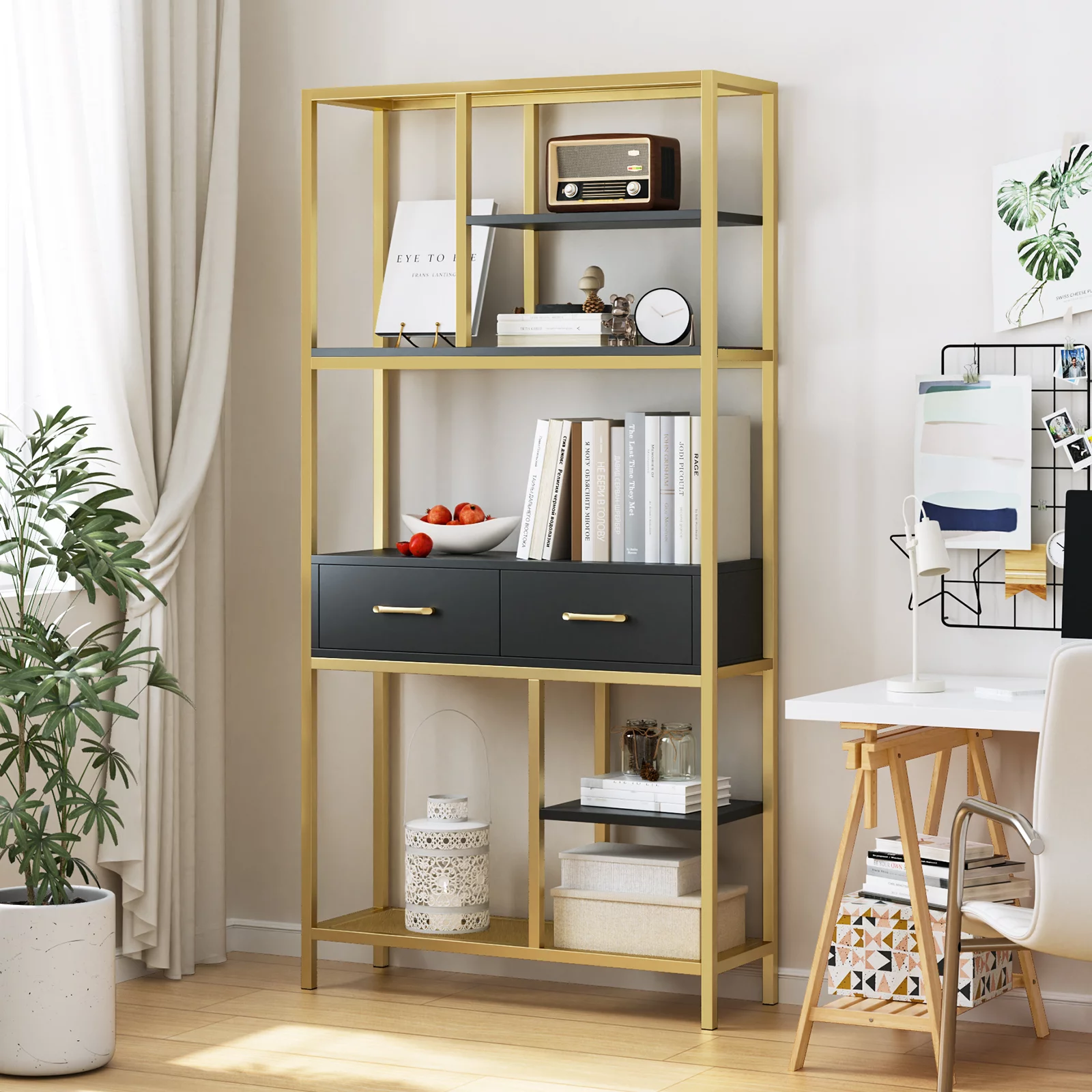Homfa 5-tier Iron Bookcase with 2 Drawers. Industrial Tall Bookshelf with 7 open storage shelves. Free Standing Display shelf with Metal Frame. Black Gold