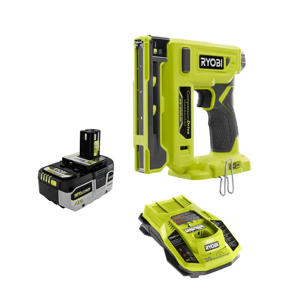 RYOBI P317-PSK004 ONE+ 18V Cordless Compression Drive 3/8 in. Crown Stapler with HIGH PERFORMANCE 4.0 Ah Battery and Charger Kit