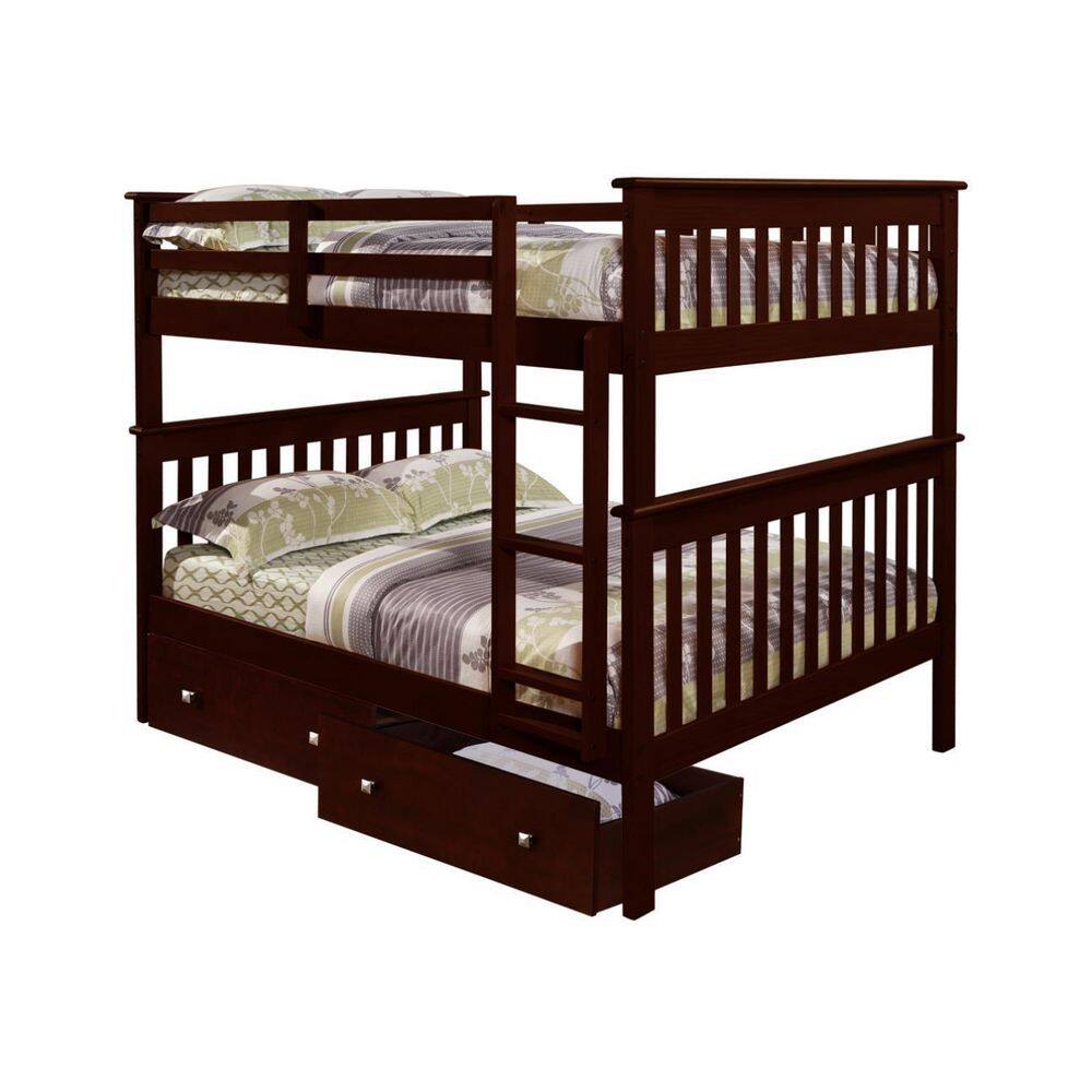 Donco Kids  Brown Dark Cappuccino Full Over Full Mission Bunk Bed with Dual Under Bed Drawers
