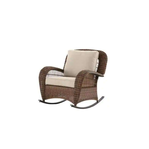 Hampton Bay Beacon Park Brown Wicker Outdoor Patio Rocking Chair . Tan Cushions