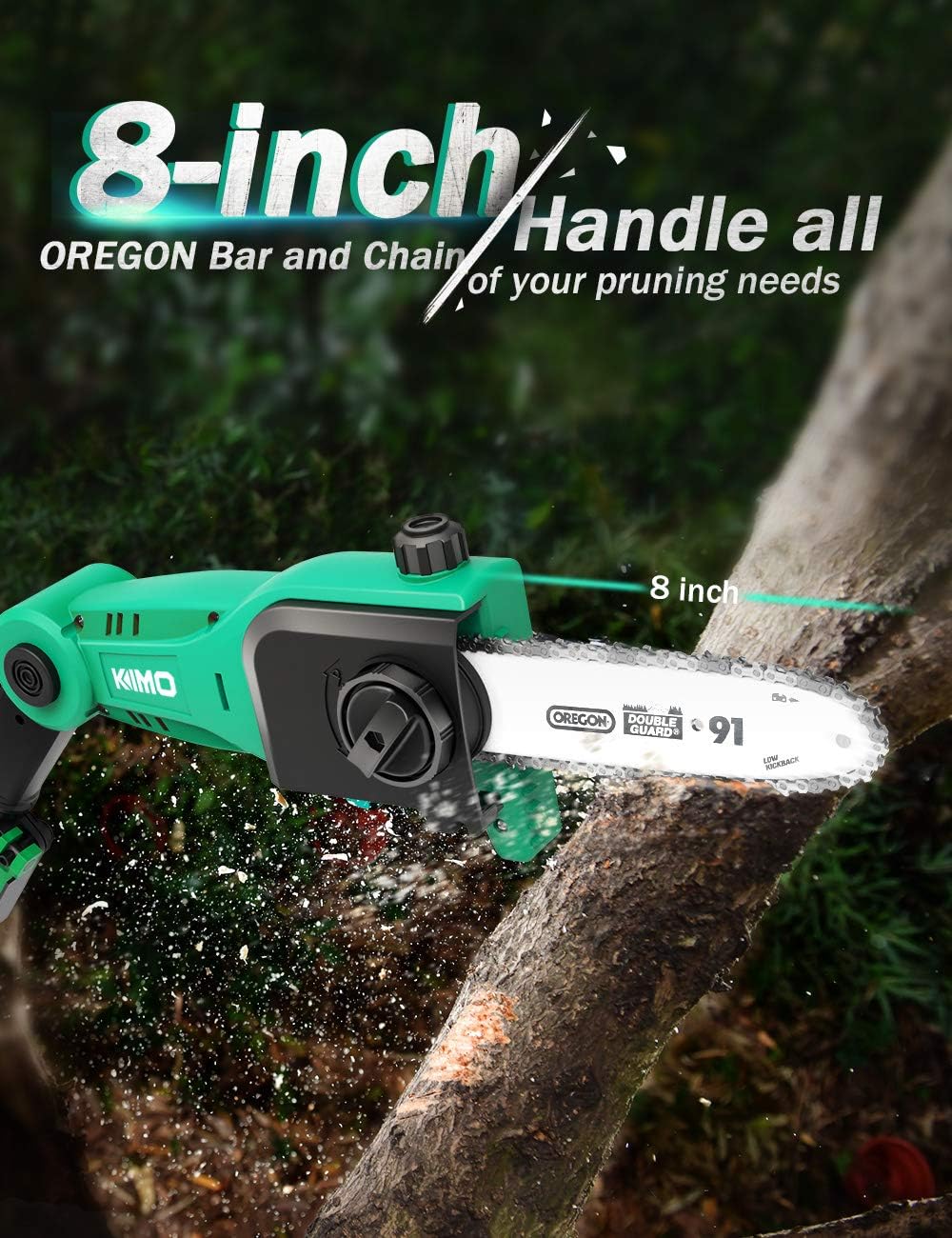 KIMO Pole Saw. 13-Foot Max. Reach 4000mAh Battery Powered Pole Saw for Tree Trimming. 8-Inch Cutting Bar. 18ft/s Speed. Auto Oiling. Multi-Angle Electric Pole Chain Saw Cordless with Telescoping Pole