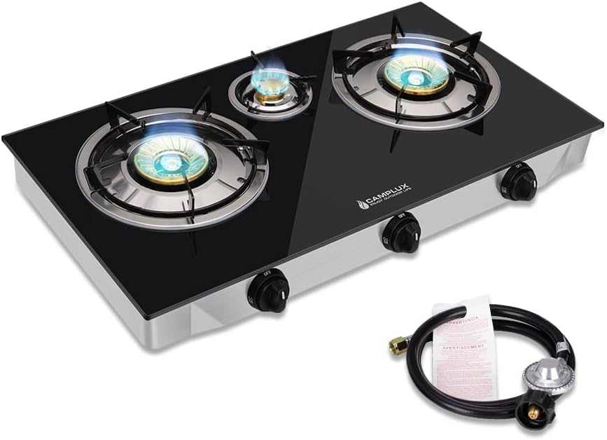 Camplux Propane Gas Stove with 21.600BTU. 3 Burners Propane Stove. Tempered Glass Camping Cooking Stove