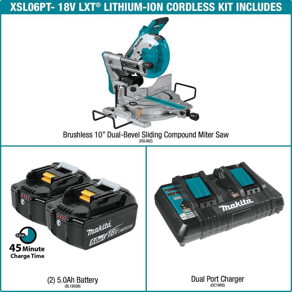 Makita  18V 5.0Ah X2 LXT Lithium-Ion (36V) Brushless Cordless 10 in. Dual-Bevel Sliding Compound Miter Saw with Laser Kit