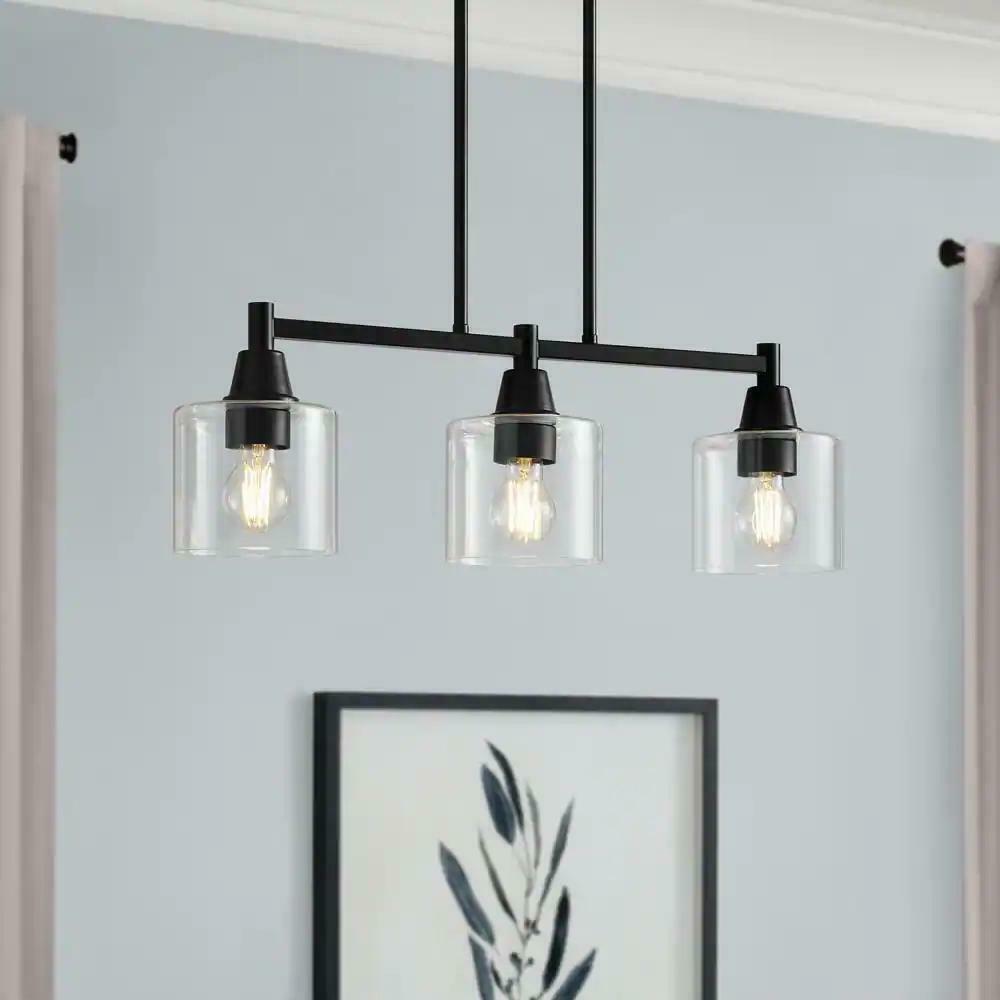 Hampton Bay HDP12070BL Oron 3-Light Black Linear Island Pendant Hanging Light. Kitchen Lighting with Clear Glass Shades