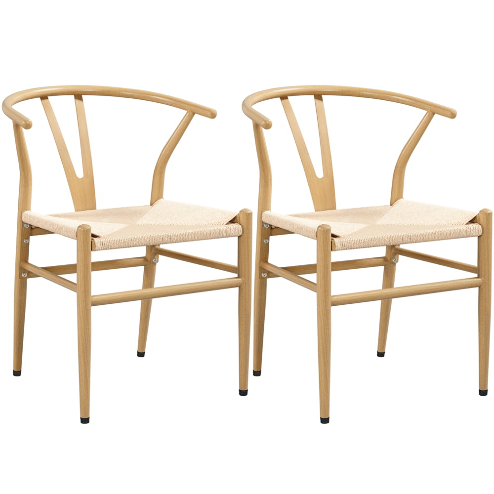Alden Design Mid-Century Metal Dining Chairs with Woven Hemp Seat. 2pcs. Natural