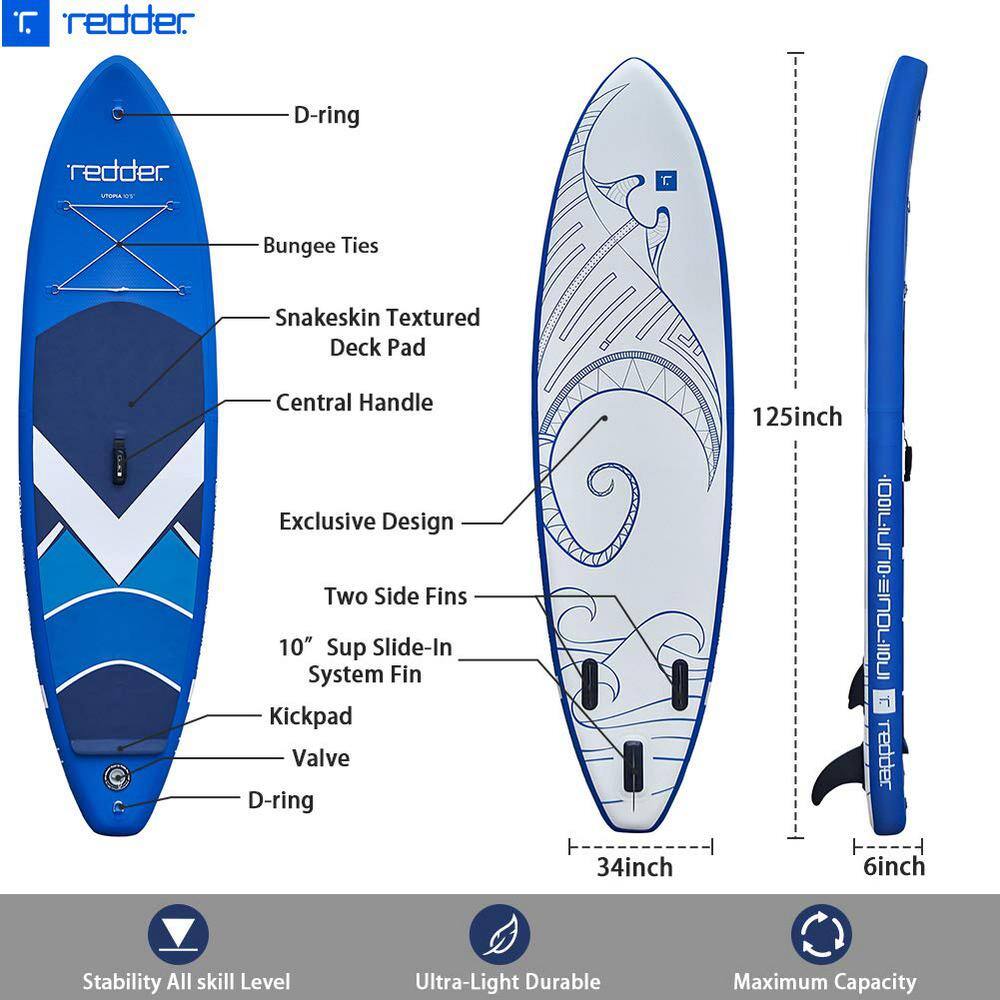 redder 111308004 Utopia 125 in. L Premium Inflatable Stand Up Paddle Board with Full SUP Accessories
